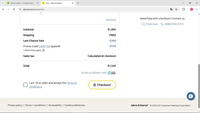 Jabra Enhance checkout page showing Jabra Enhance promo code box | Screenshot taken by SimplyCodes community member on Sep 15, 2025