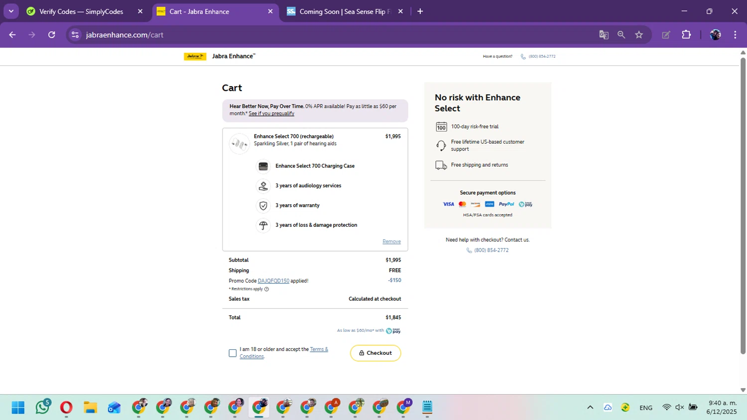 Jabra Enhance promo code screenshot showing code DAJQFQD150 applied at Jabra Enhance checkout page. Uploaded by SimplyCodes community member Marielis on Dec 6, 2025
