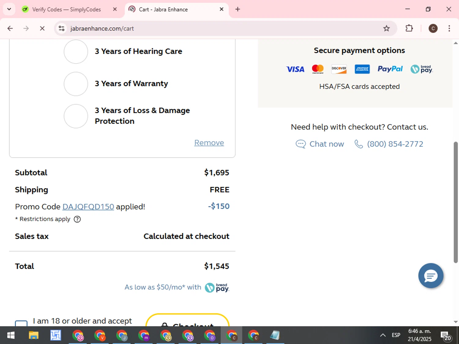 Jabra Enhance promo code screenshot showing code DAJQFQD150 applied at Jabra Enhance checkout page. Uploaded by SimplyCodes community member WonderCurator7831 on Apr 21, 2025