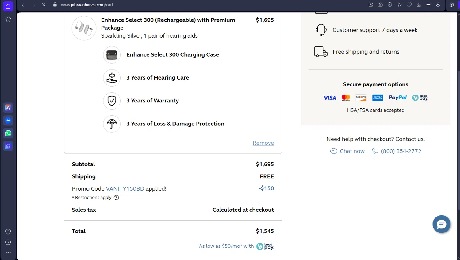 Jabra Enhance promo code screenshot showing code VANITY150BD applied at Jabra Enhance checkout page. Uploaded by SimplyCodes community member LuckyChaser369 on May 30, 2025