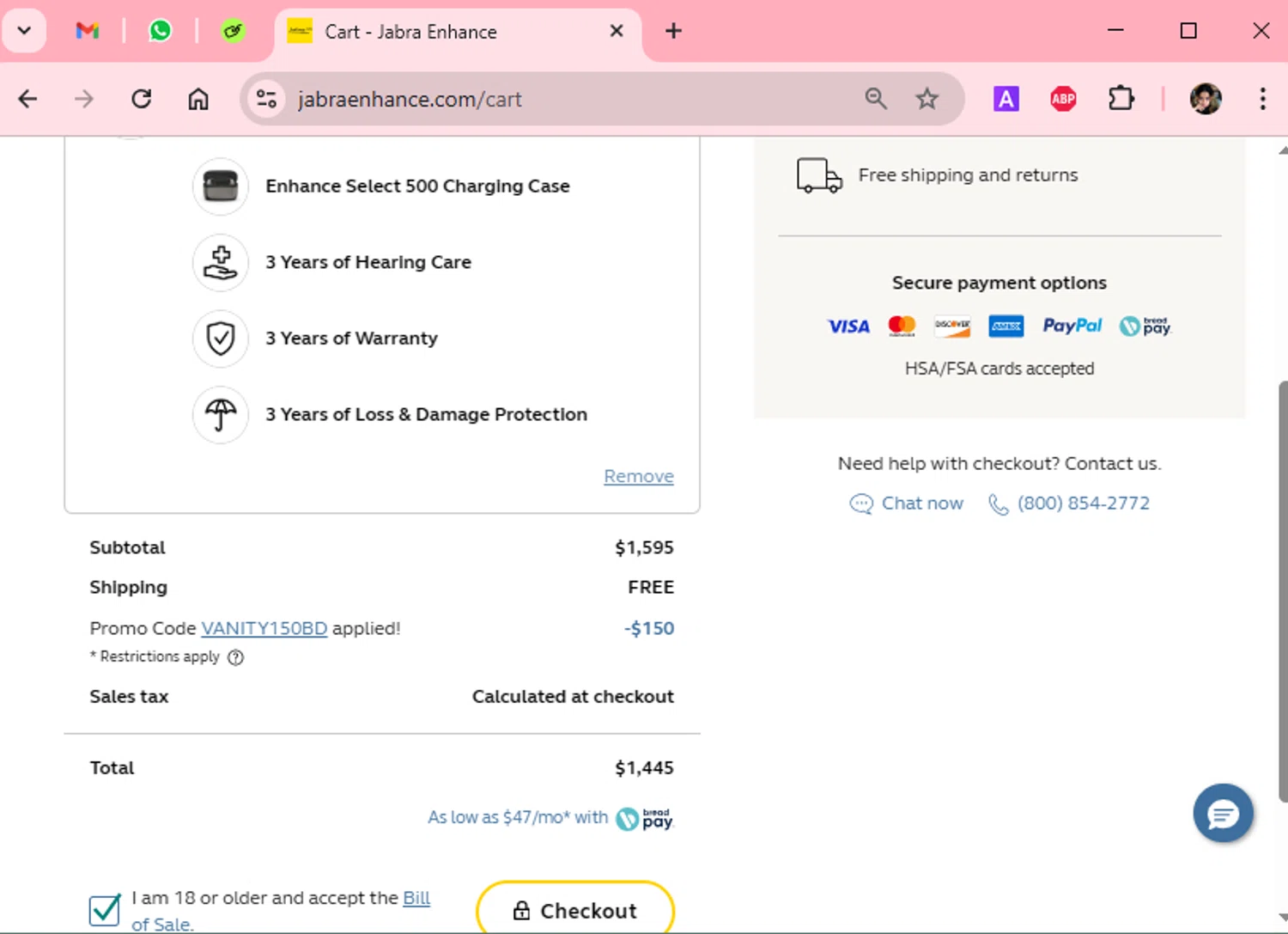 Jabra Enhance promo code screenshot showing code VANITY150BD applied at Jabra Enhance checkout page. Uploaded by SimplyCodes community member Scarleth_2GGD on Apr 2, 2025