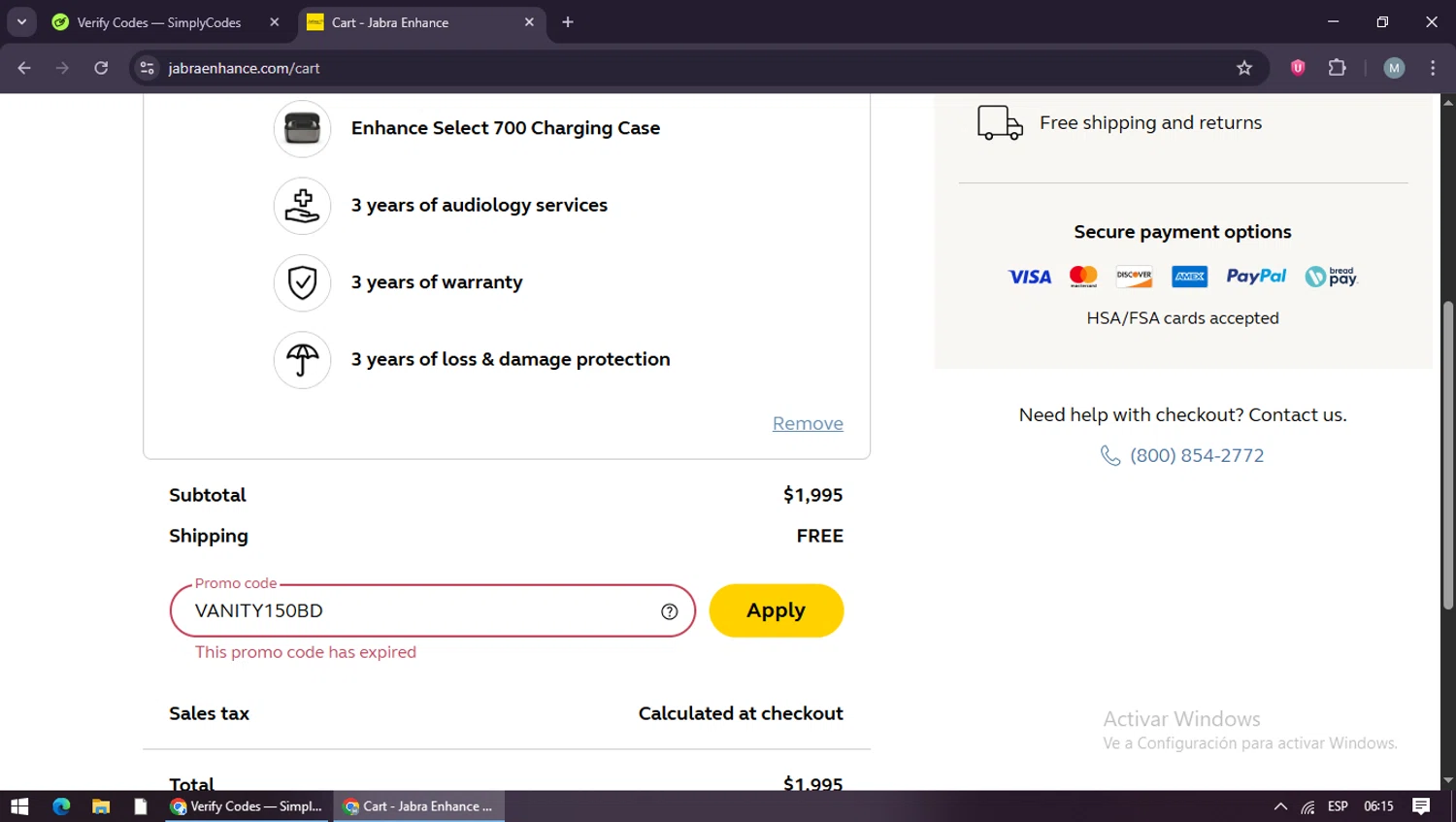 Jabra Enhance promo code screenshot showing code VANITY150BD applied at Jabra Enhance checkout page. Uploaded by SimplyCodes community member maraxo on Dec 16, 2025