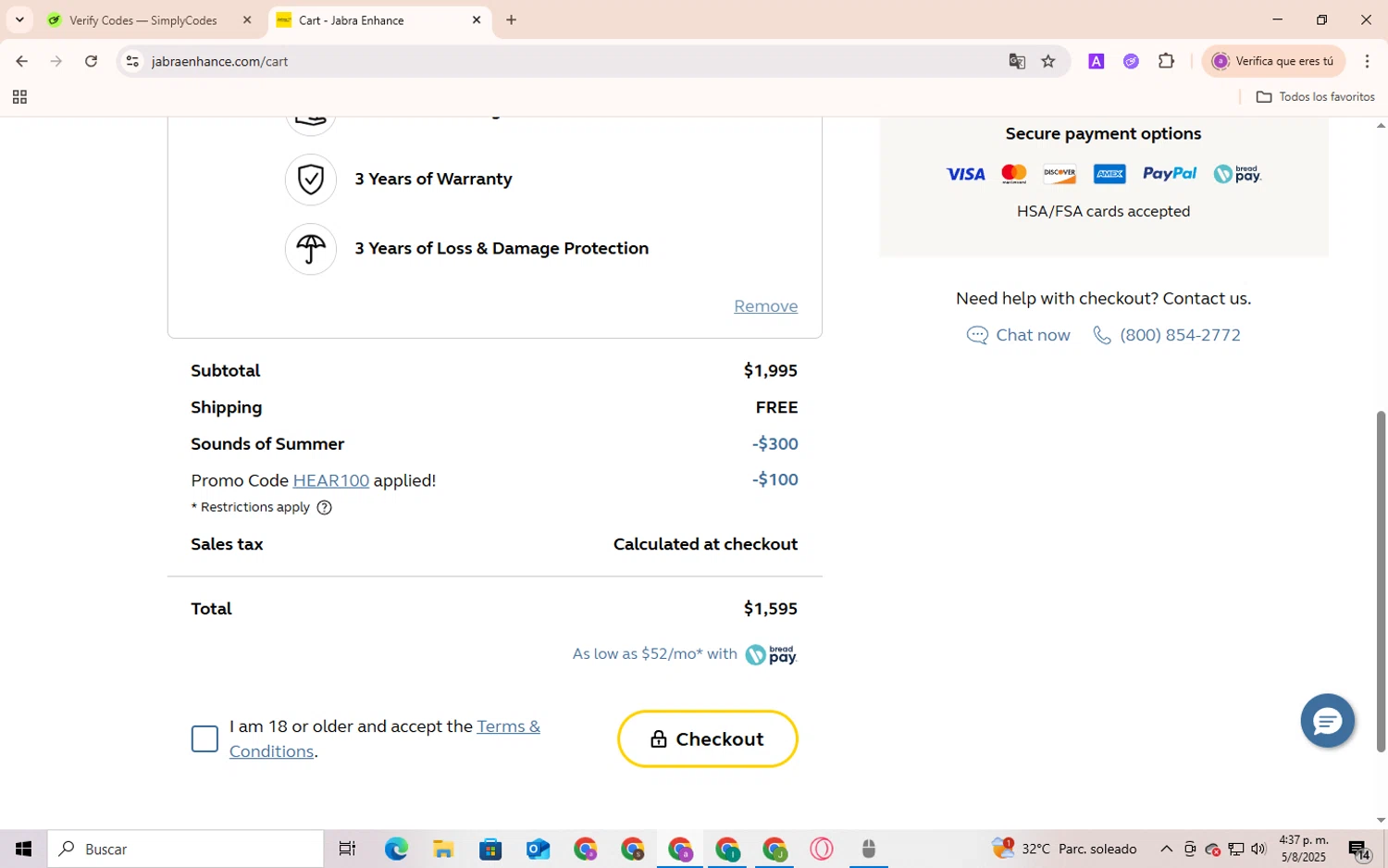 Jabra Enhance promo code screenshot showing code hear100 applied at Jabra Enhance checkout page. Uploaded by SimplyCodes community member Andygar on Aug 5, 2025
