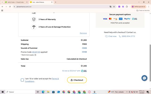 Jabra Enhance checkout page showing Jabra Enhance promo code box | Screenshot taken by SimplyCodes community member on Aug 5, 2025