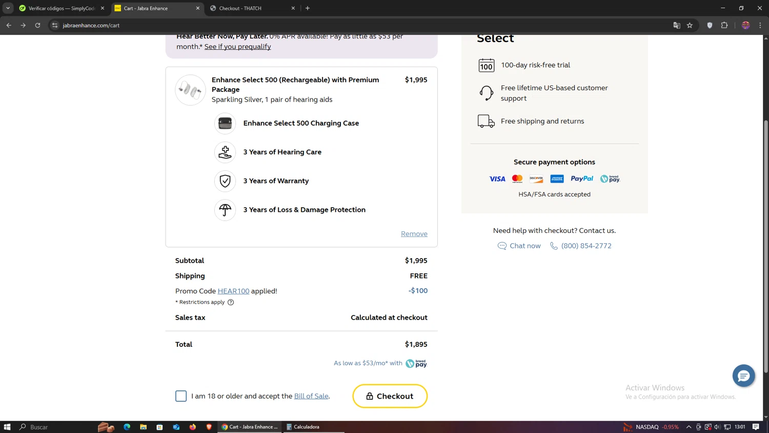 Jabra Enhance promo code screenshot showing code hear100 applied at Jabra Enhance checkout page. Uploaded by SimplyCodes community member RebateHawk1800 on Jul 7, 2025