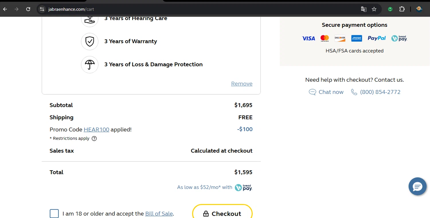 Jabra Enhance promo code screenshot showing code hear100 applied at Jabra Enhance checkout page. Uploaded by SimplyCodes community member RoyalSpotter5217 on Jun 8, 2025