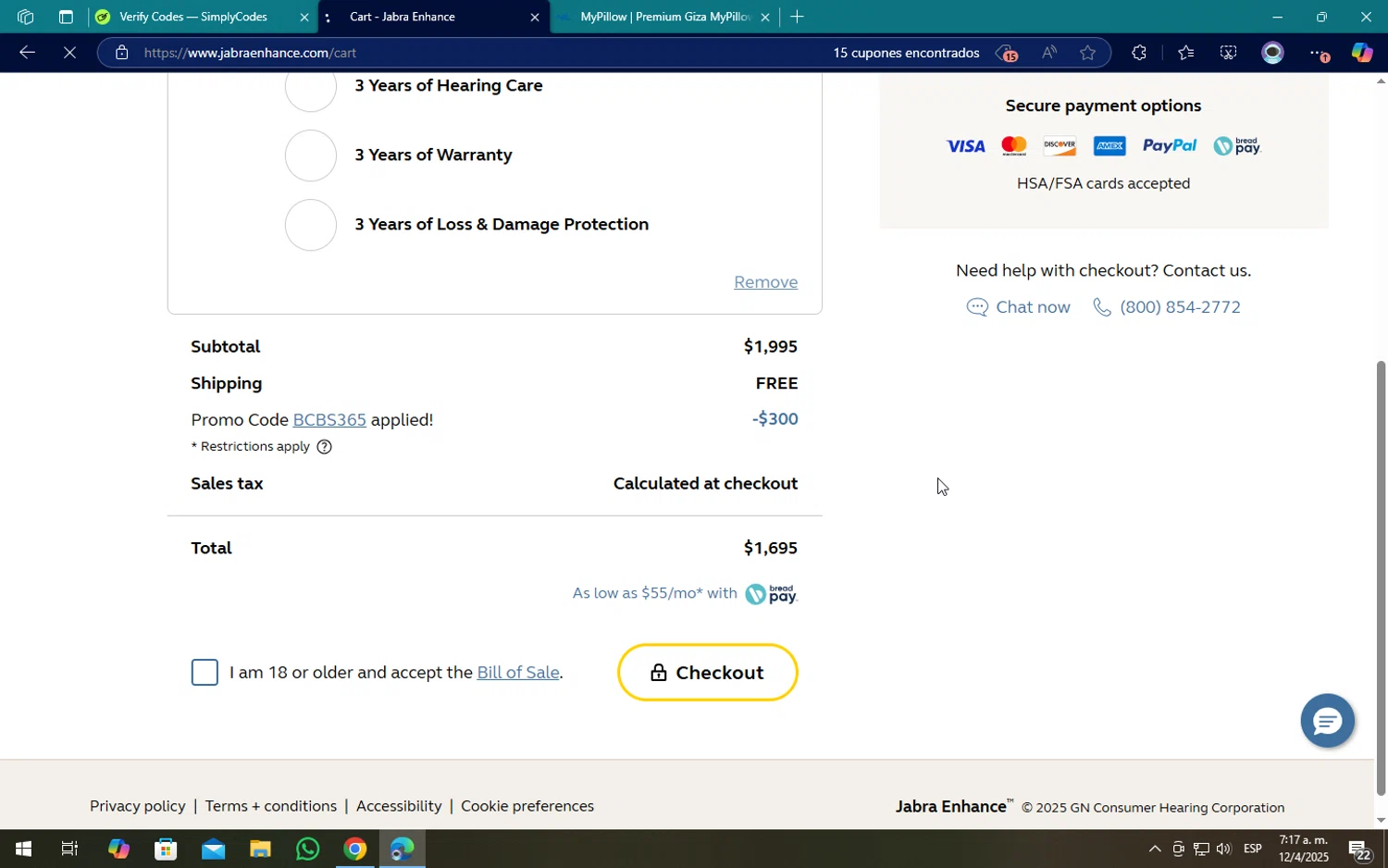 Jabra Enhance promo code screenshot showing code bcbs365 applied at Jabra Enhance checkout page. Uploaded by SimplyCodes community member SOPACONPAN on Apr 12, 2025
