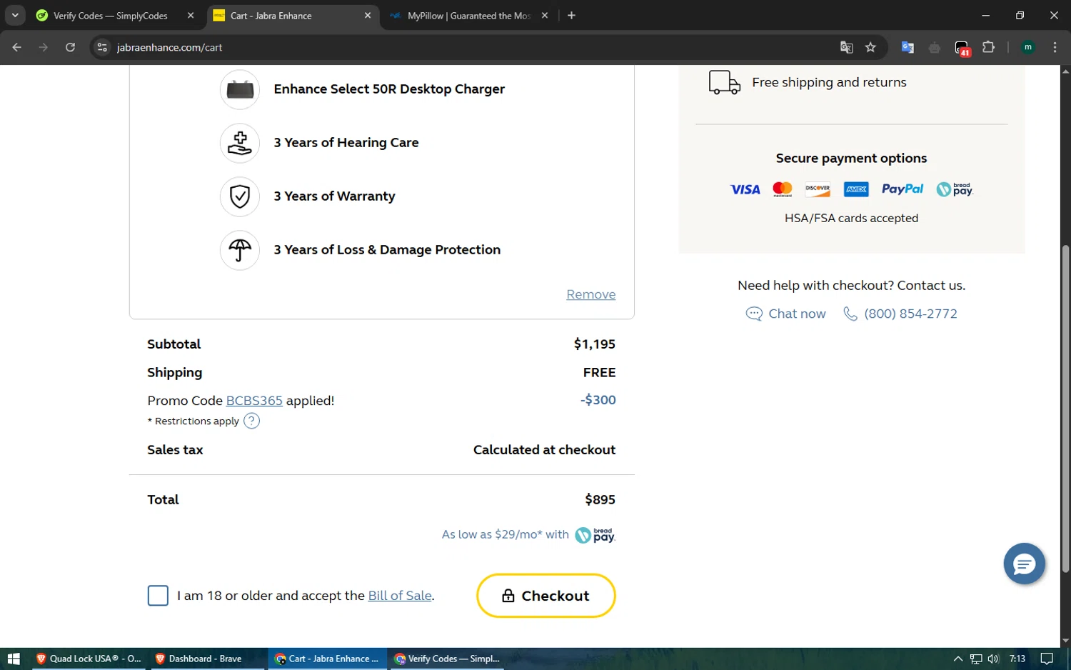 Jabra Enhance promo code screenshot showing code bcbs365 applied at Jabra Enhance checkout page. Uploaded by SimplyCodes community member Voucher200 on Mar 14, 2025