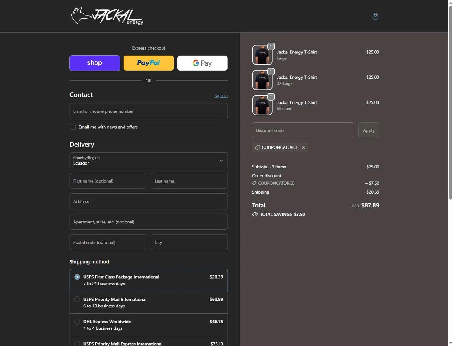 Jackal Energy promo code screenshot showing code COUPONCATORCE applied at Jackal Energy checkout page. Uploaded by SimplyCodes community member Andaspendientedeunovale on May 31, 2026