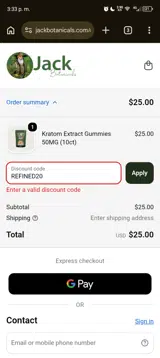 Jack Botanicals coupon verification screenshot