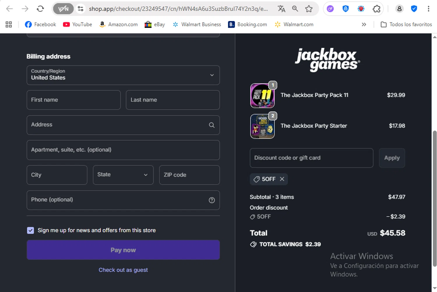 Jackbox Games discount code screenshot showing code 5OFF applied at Jackbox Games checkout page. Uploaded by SimplyCodes community member FrancyB on Nov 3, 2025