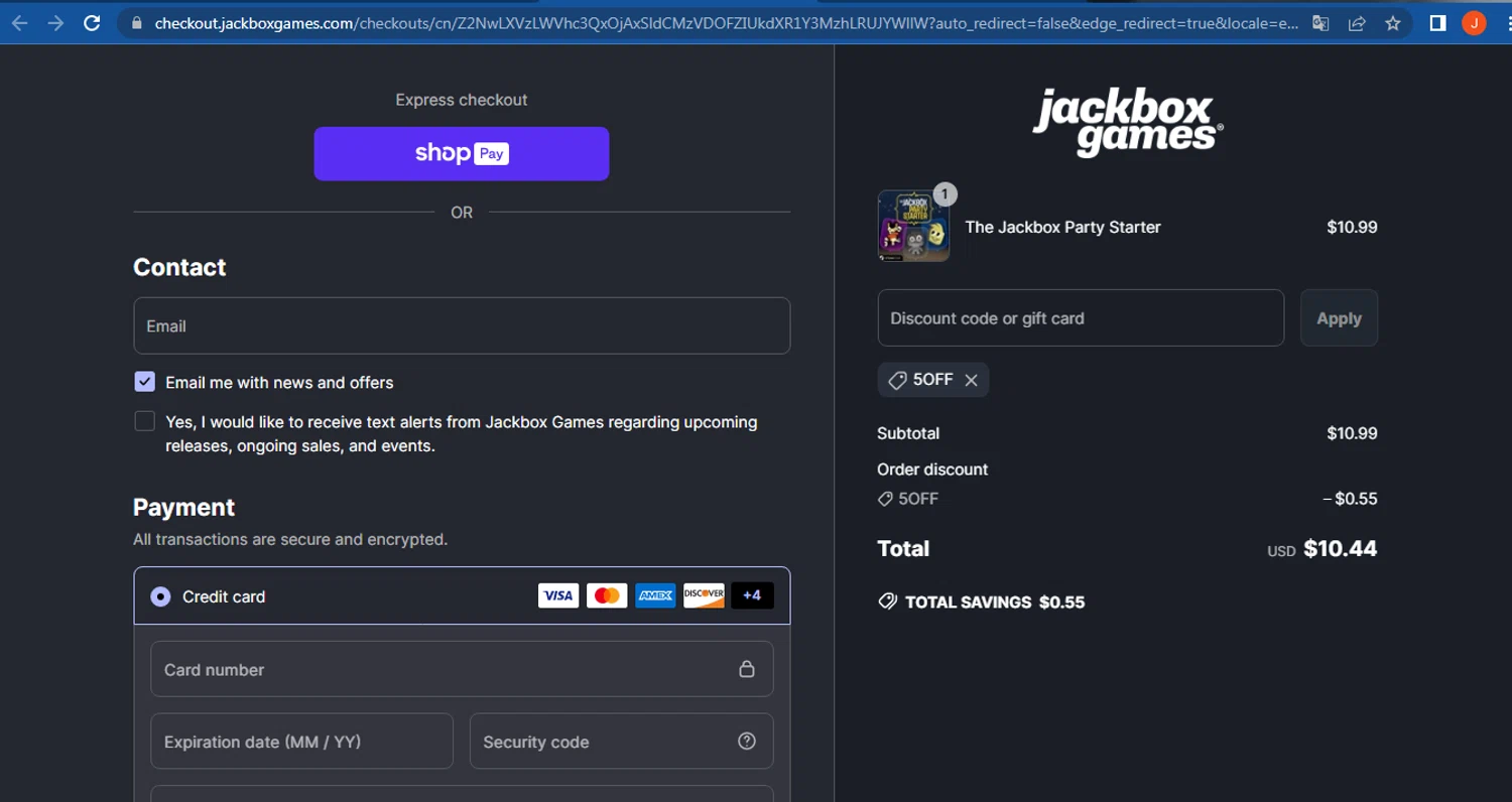 Jackbox Games discount code screenshot showing code 5OFF applied at Jackbox Games checkout page. Uploaded by SimplyCodes community member FranquizJoel on May 28, 2025
