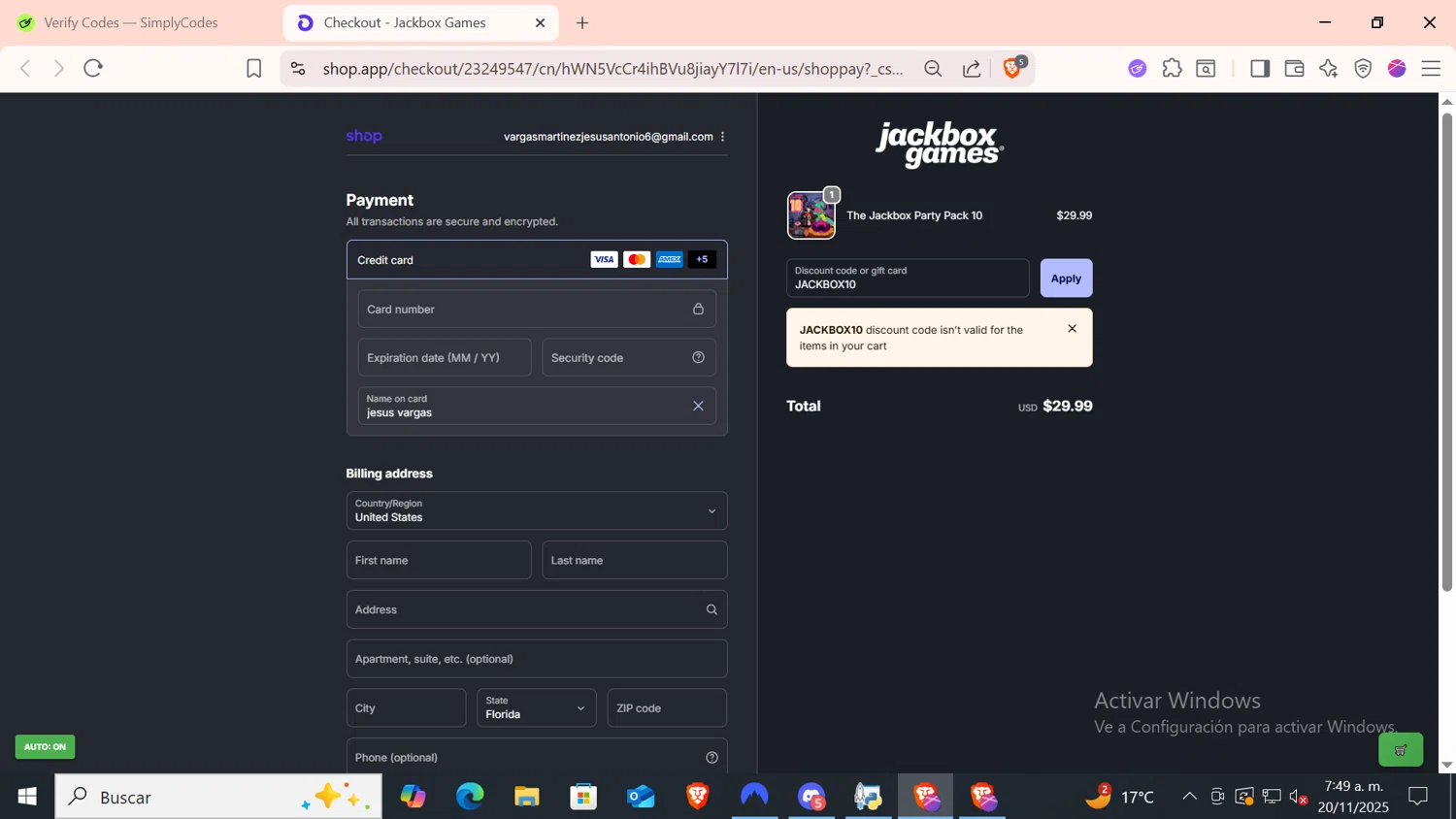 Jackbox Games discount code screenshot showing code JACKBOX10 applied at Jackbox Games checkout page. Uploaded by SimplyCodes community member CODMOBILE1 on Nov 20, 2025