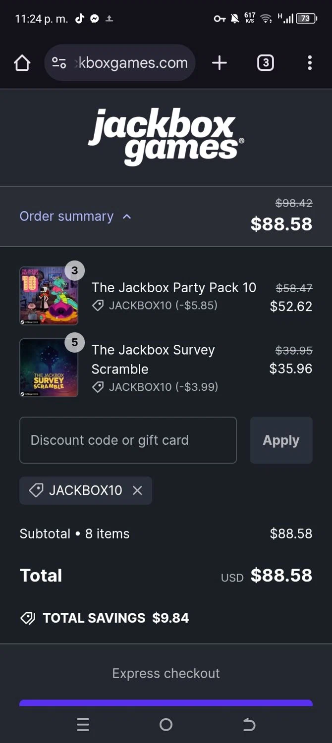 Jackbox Games discount code screenshot showing code JACKBOX10 applied at Jackbox Games checkout page. Uploaded by SimplyCodes community member annehathaway on Jan 4, 2025