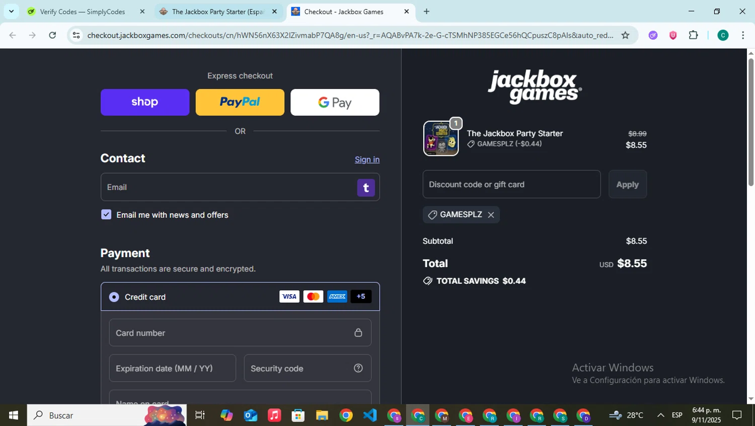Jackbox Games discount code screenshot showing code GAMESPLZ applied at Jackbox Games checkout page. Uploaded by SimplyCodes community member BonusPilot927 on Nov 9, 2025