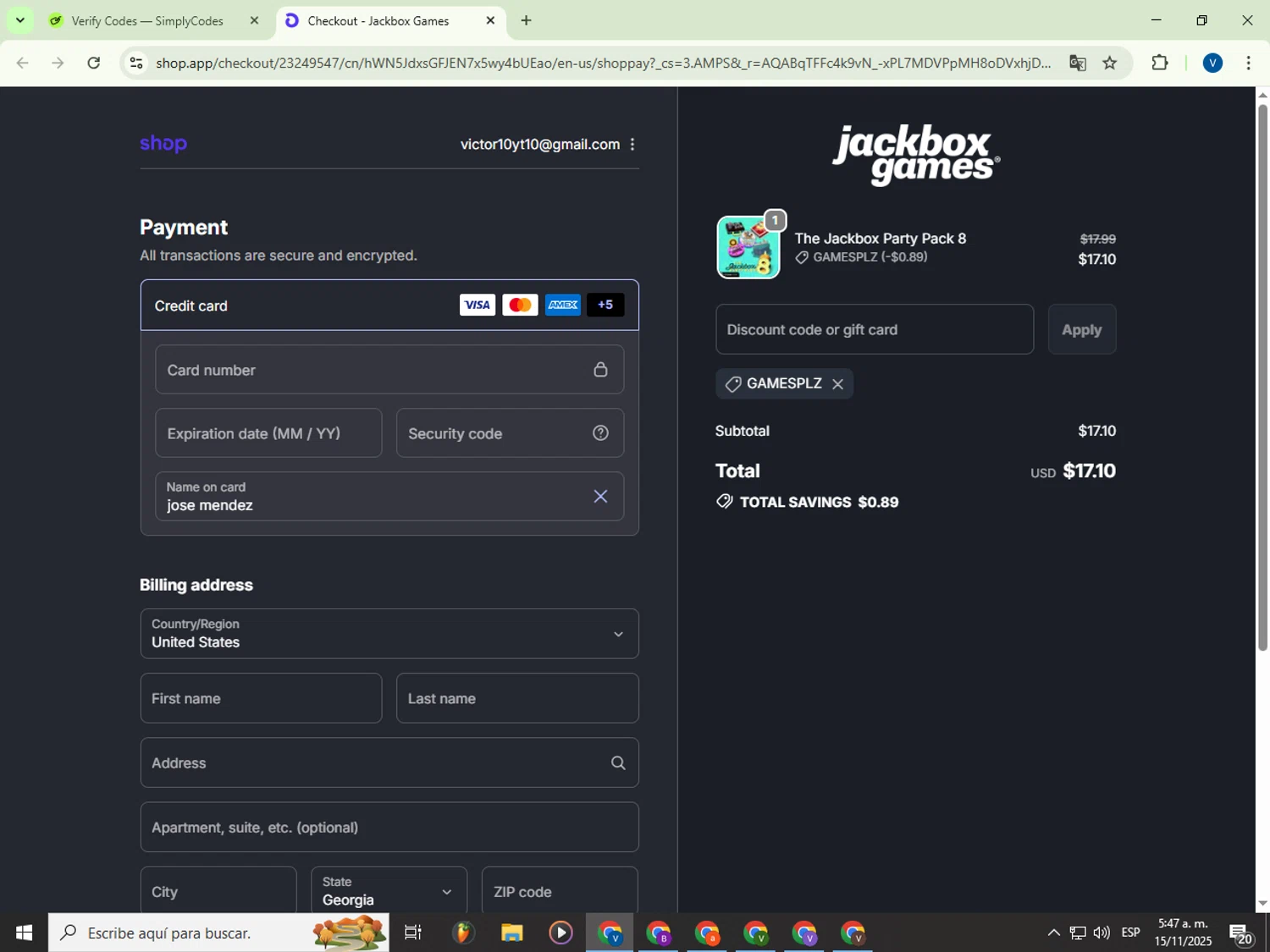 Jackbox Games discount code screenshot showing code GAMESPLZ applied at Jackbox Games checkout page. Uploaded by SimplyCodes community member Garou_Y2K on Nov 15, 2025