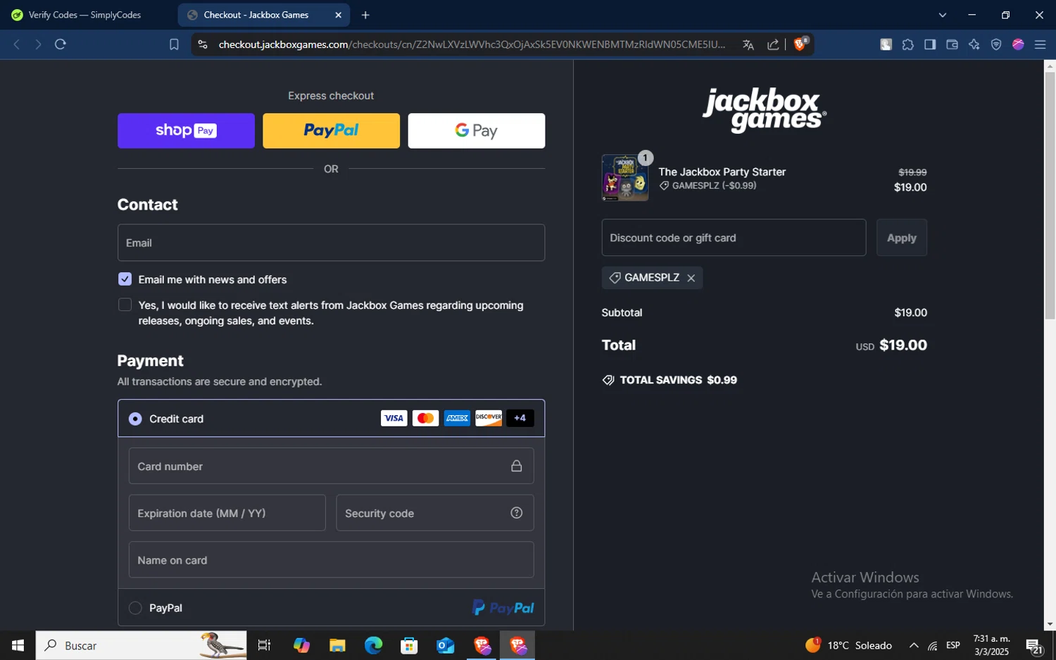 Jackbox Games discount code screenshot showing code GAMESPLZ applied at Jackbox Games checkout page. Uploaded by SimplyCodes community member TokenSaver1205 on Mar 3, 2025