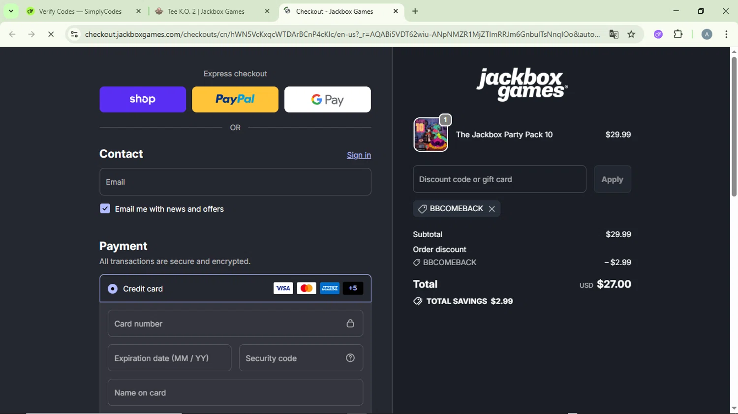 Jackbox Games discount code screenshot showing code BBCOMEBACK applied at Jackbox Games checkout page. Uploaded by SimplyCodes community member DiscountVirtuoso6243 on Nov 20, 2025