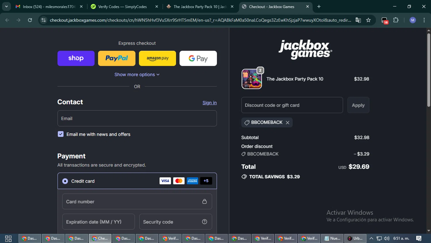 Jackbox Games discount code screenshot showing code BBCOMEBACK applied at Jackbox Games checkout page. Uploaded by SimplyCodes community member PrimeFox5260 on Nov 25, 2025