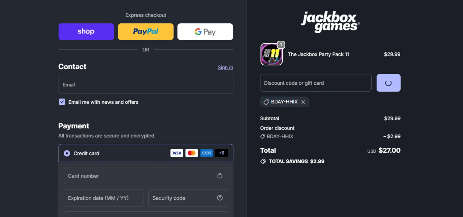Jackbox Games discount code screenshot showing code BDAY-HHIX applied at Jackbox Games checkout page. Uploaded by SimplyCodes community member juanisaac on Oct 28, 2025