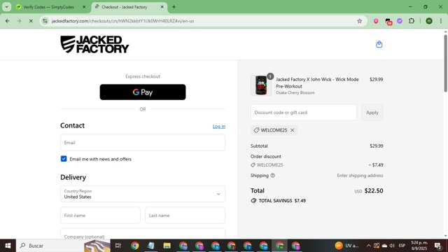 Jacked Factory checkout page showing Jacked Factory promo code box | Screenshot taken by SimplyCodes community member on Sep 8, 2025