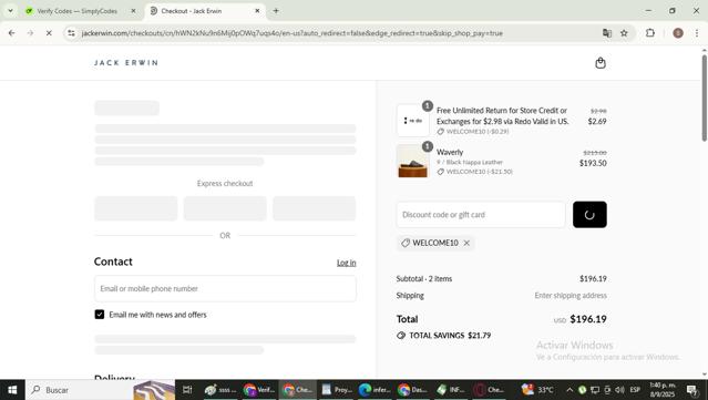 Jack Erwin checkout page showing Jack Erwin discount code box | Screenshot taken by SimplyCodes community member on Sep 8, 2025