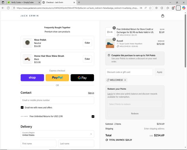 Jack Erwin checkout page showing Jack Erwin discount code box | Screenshot taken by SimplyCodes community member on Sep 12, 2025