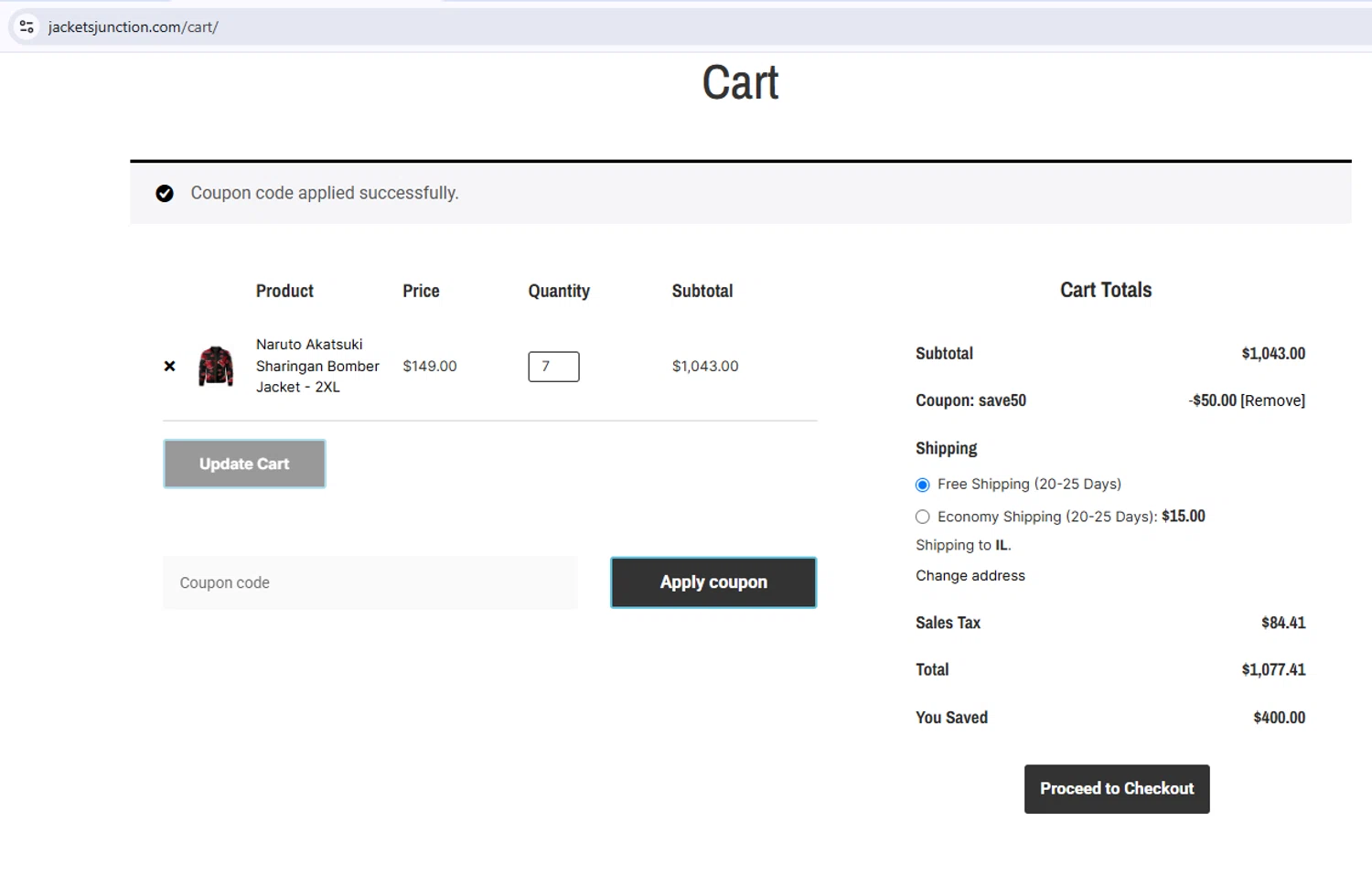 JacketsJunction checkout page showing JacketsJunction promo code box | Screenshot taken by SimplyCodes community member on Feb 5, 2025