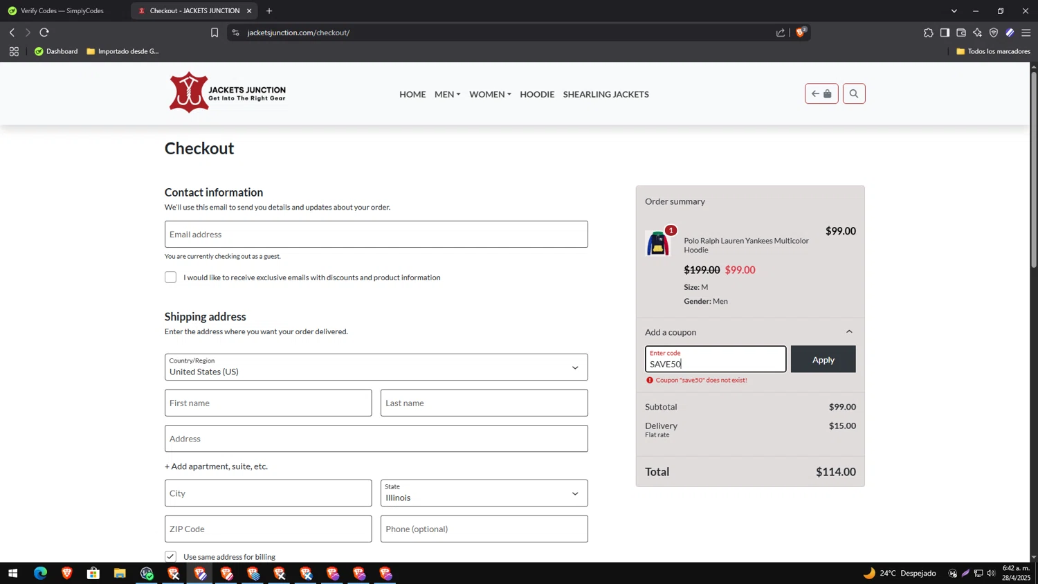JacketsJunction promo code screenshot showing code SAVE50 applied at JacketsJunction checkout page. Uploaded by SimplyCodes community member yesenia on Apr 28, 2025
