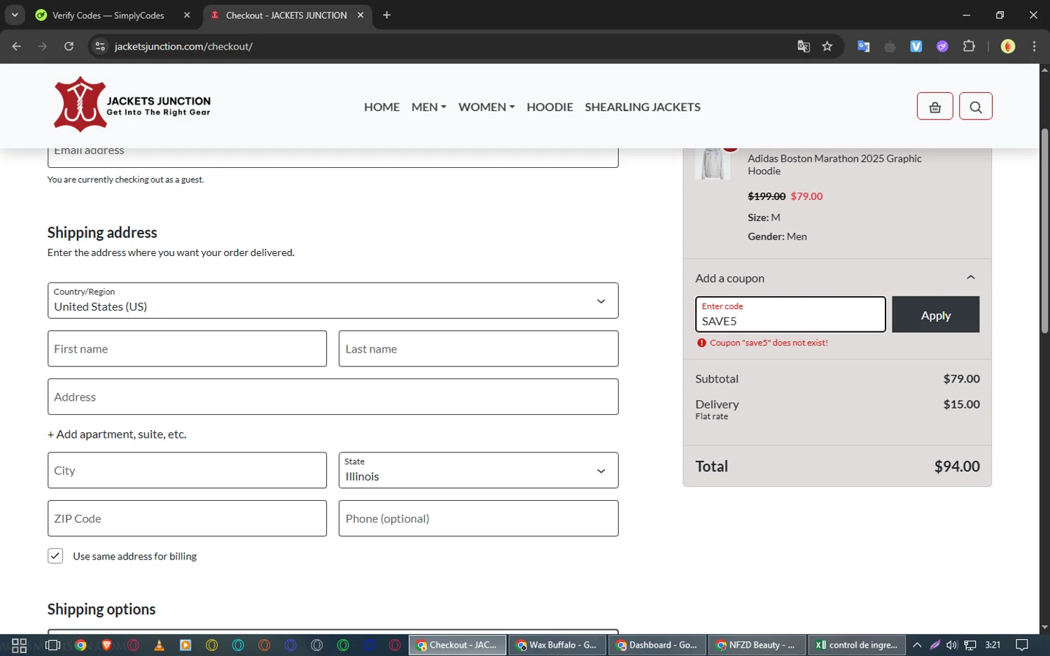 JacketsJunction promo code screenshot showing code SAVE5 applied at JacketsJunction checkout page. Uploaded by SimplyCodes community member WonderWarden4709 on May 12, 2025