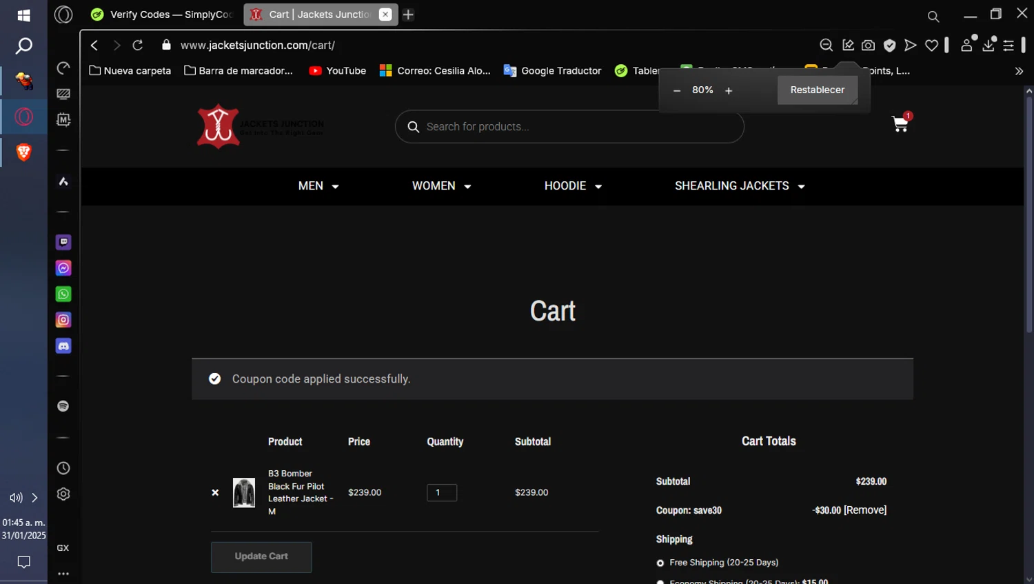 JacketsJunction promo code screenshot showing code SAVE30 applied at JacketsJunction checkout page. Uploaded by SimplyCodes community member Depresiva on Jan 31, 2025