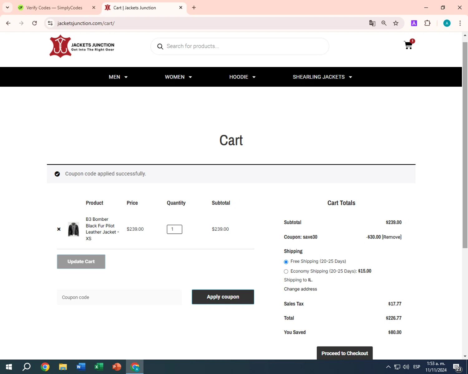 JacketsJunction checkout page showing JacketsJunction promo code box | Screenshot taken by SimplyCodes community member on Nov 11, 2024
