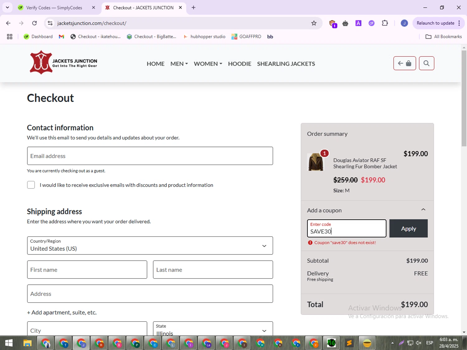 JacketsJunction promo code screenshot showing code SAVE30 applied at JacketsJunction checkout page. Uploaded by SimplyCodes community member VoucherLegend6452 on Apr 28, 2025
