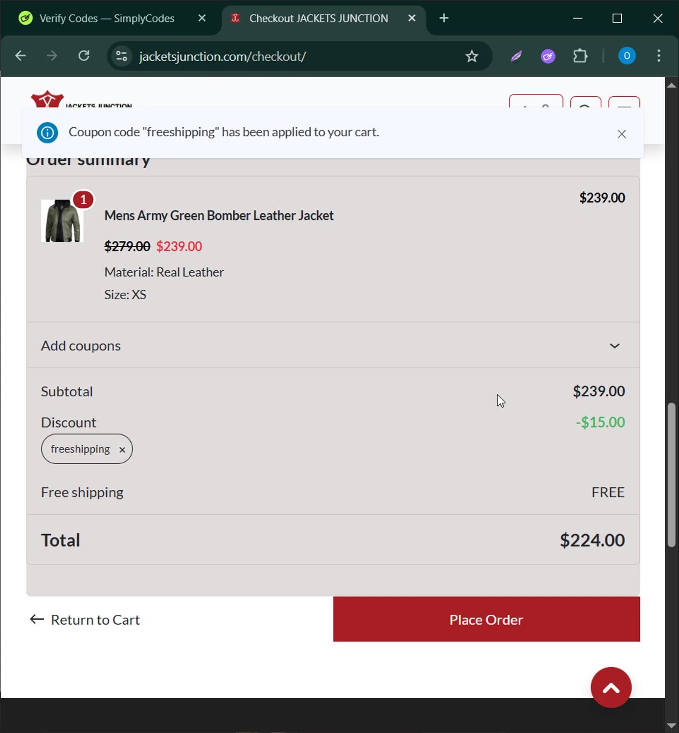 JacketsJunction promo code screenshot showing code freeshipping applied at JacketsJunction checkout page. Uploaded by SimplyCodes community member CodeScholar4340 on Oct 6, 2025
