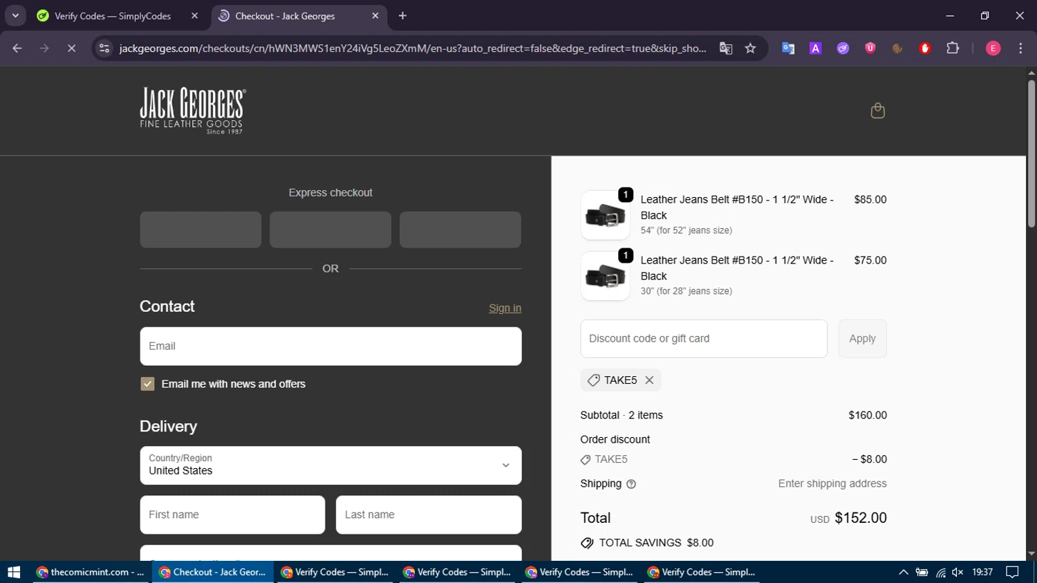 Jack Georges discount code screenshot showing code TAKE5 applied at Jack Georges checkout page. Uploaded by SimplyCodes community member MightyNavigator742 on Sep 24, 2025