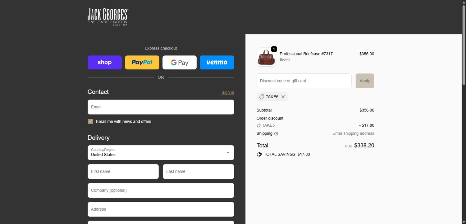 Jack Georges discount code screenshot showing code TAKE5 applied at Jack Georges checkout page. Uploaded by SimplyCodes community member echidanarara on Oct 27, 2025