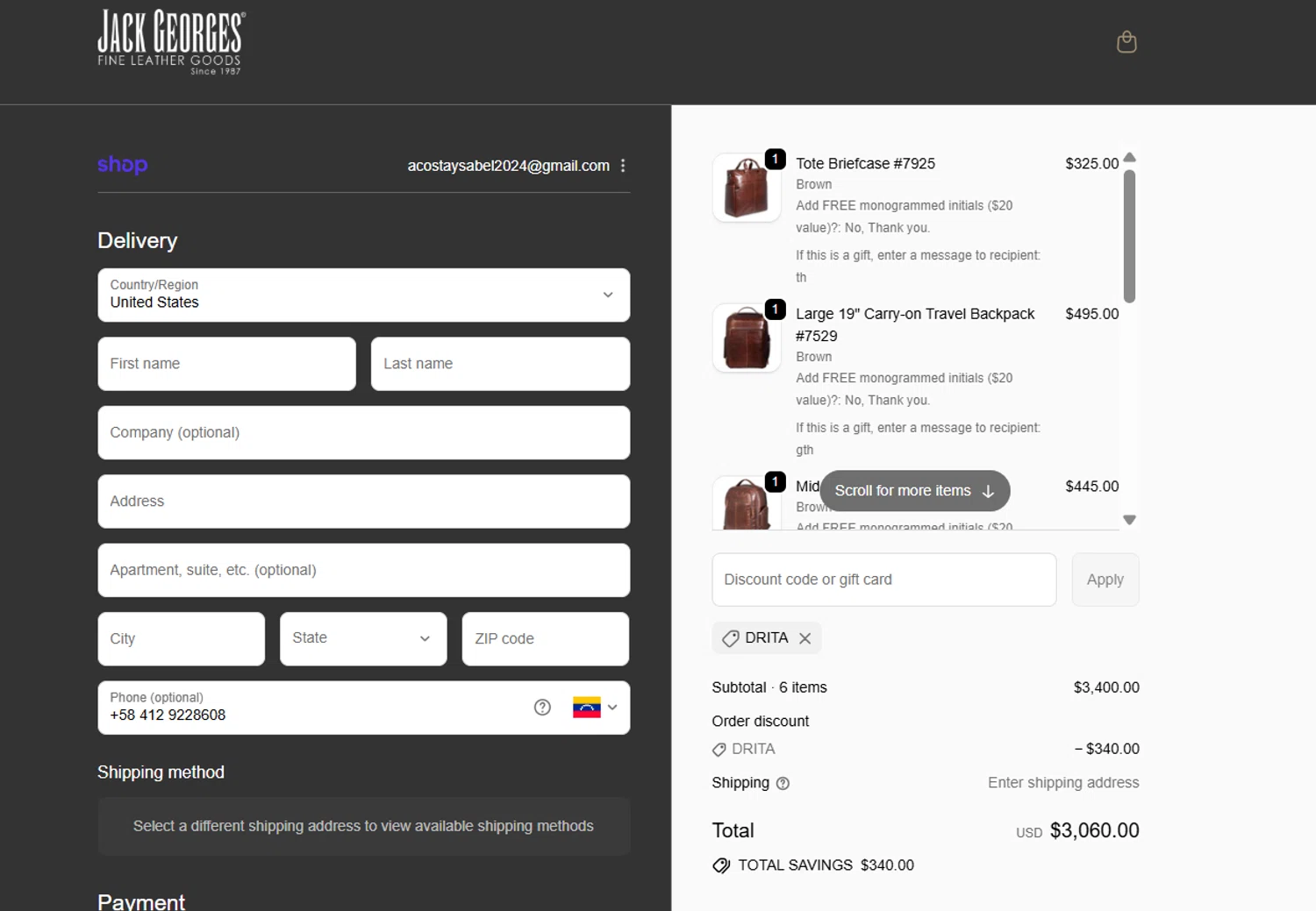 Jack Georges discount code screenshot showing code DRITA applied at Jack Georges checkout page. Uploaded by SimplyCodes community member Gray_75 on Sep 24, 2025
