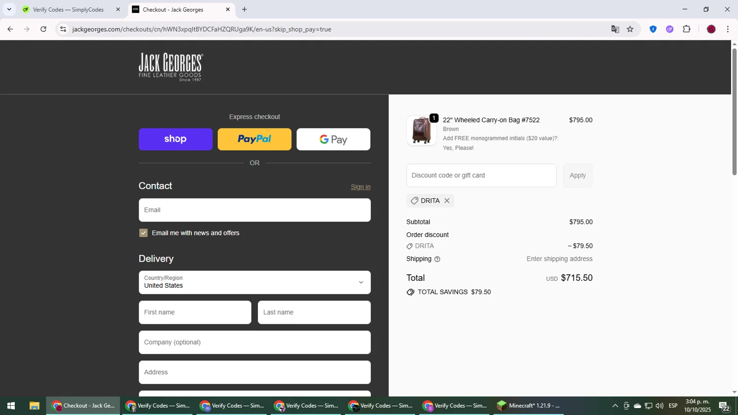 Jack Georges discount code screenshot showing code DRITA applied at Jack Georges checkout page. Uploaded by SimplyCodes community member MightyLegend6657 on Oct 10, 2025