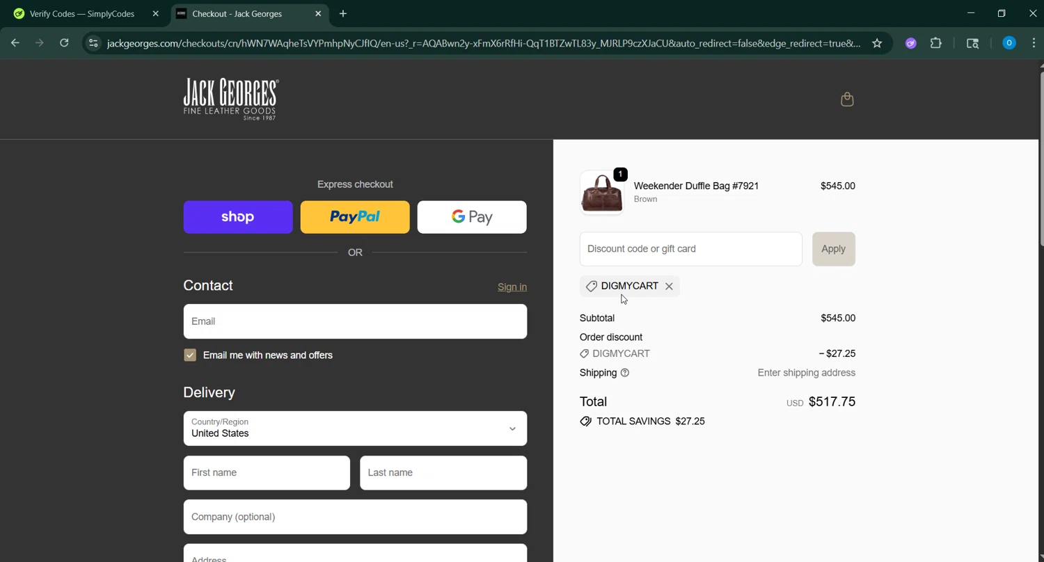 Jack Georges discount code screenshot showing code DIGMYCART applied at Jack Georges checkout page. Uploaded by SimplyCodes community member _____________ on Jan 12, 2026