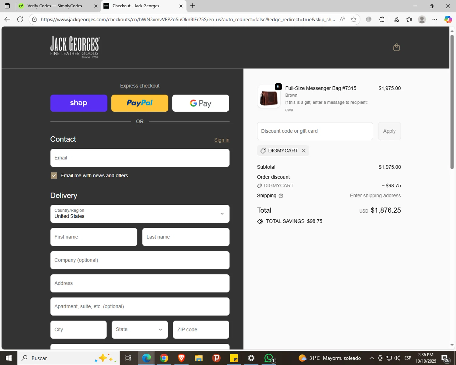 Jack Georges discount code screenshot showing code DIGMYCART applied at Jack Georges checkout page. Uploaded by SimplyCodes community member jechtff10 on Oct 10, 2025