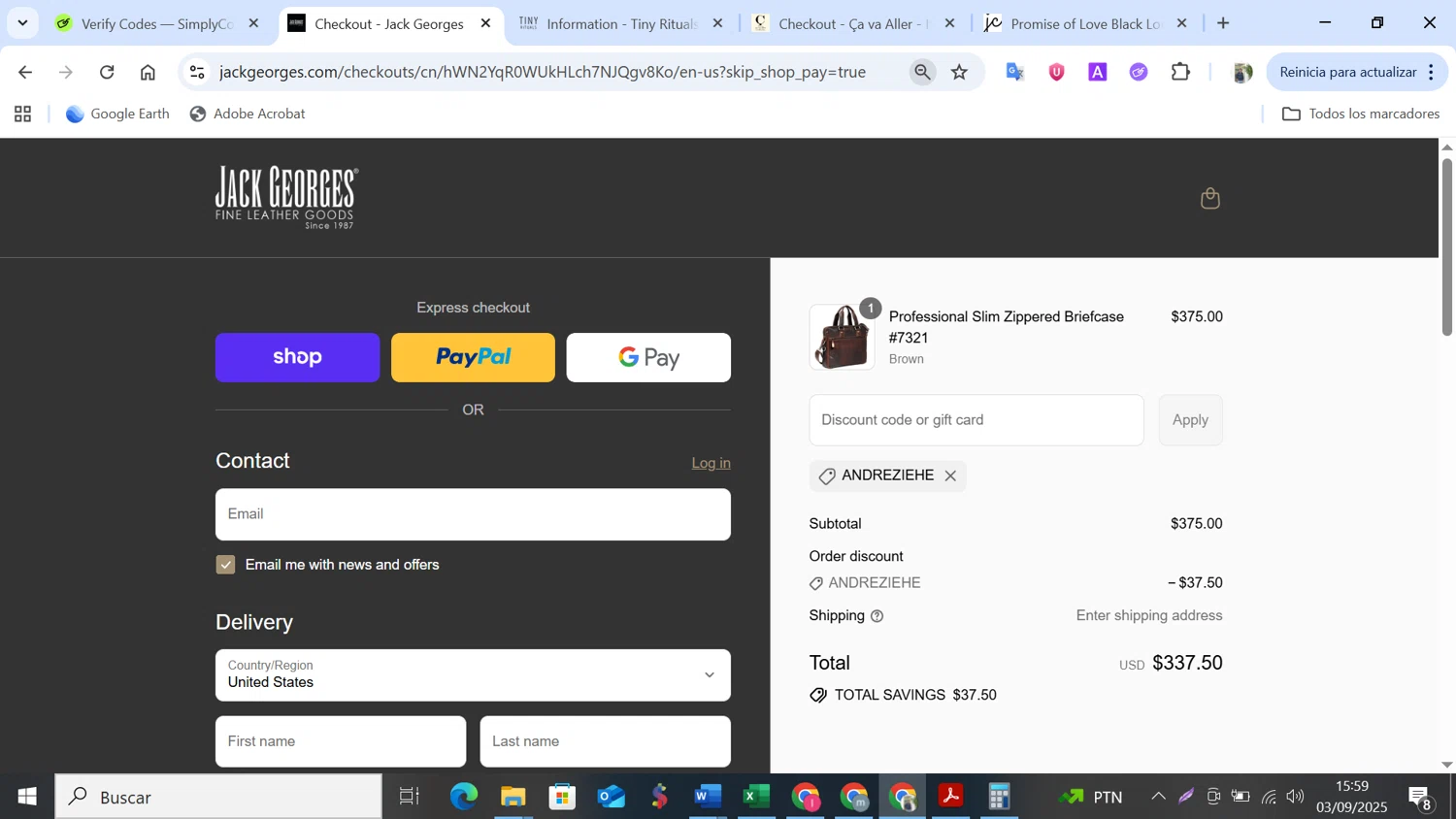 Jack Georges discount code screenshot showing code ANDREZIEHE applied at Jack Georges checkout page. Uploaded by SimplyCodes community member NobleMonarch5837 on Sep 3, 2025