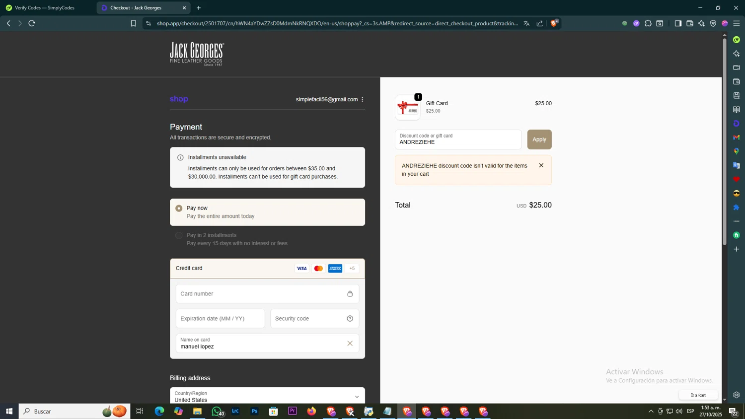 Jack Georges discount code screenshot showing code ANDREZIEHE applied at Jack Georges checkout page. Uploaded by SimplyCodes community member BOLITAS on Oct 27, 2025