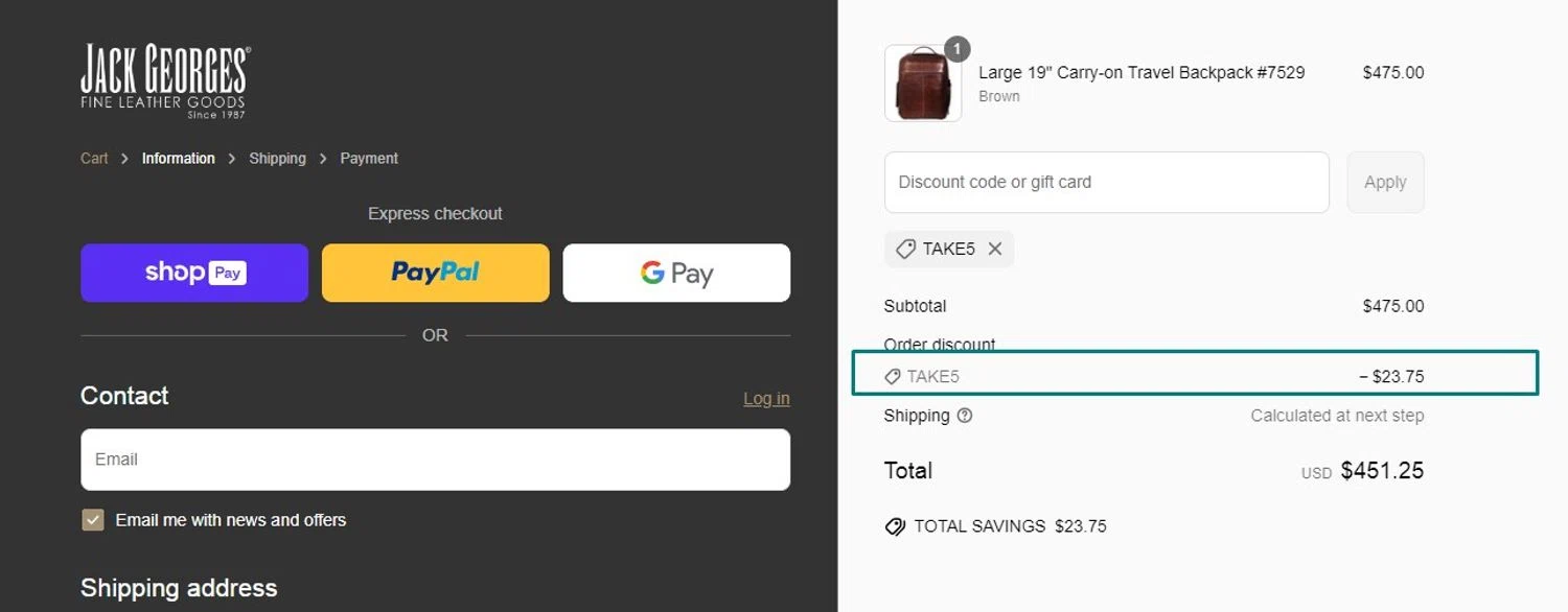 Jack Georges discount code screenshot showing code TAKE5 applied at Jack Georges checkout page. Uploaded by SimplyCodes community member alexanderjose on Apr 17, 2025