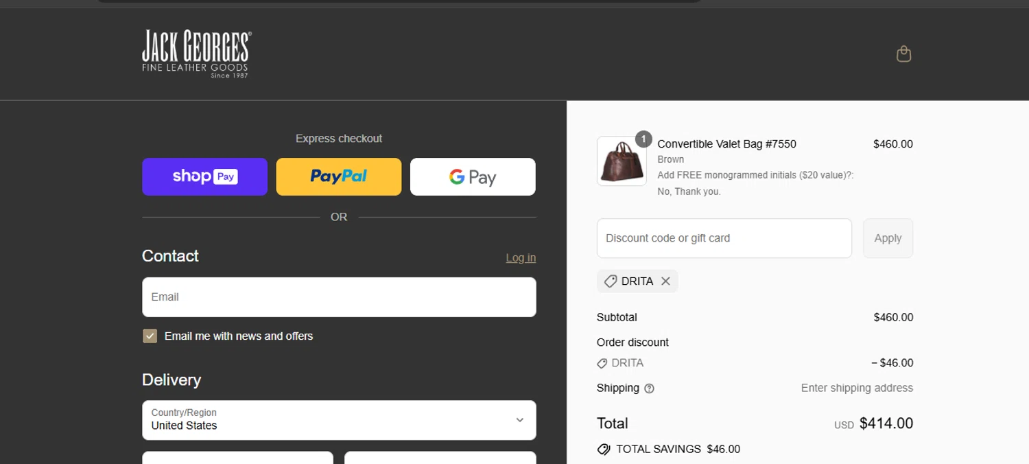 Jack Georges discount code screenshot showing code DRITA applied at Jack Georges checkout page. Uploaded by SimplyCodes community member ashe1986 on Aug 14, 2025