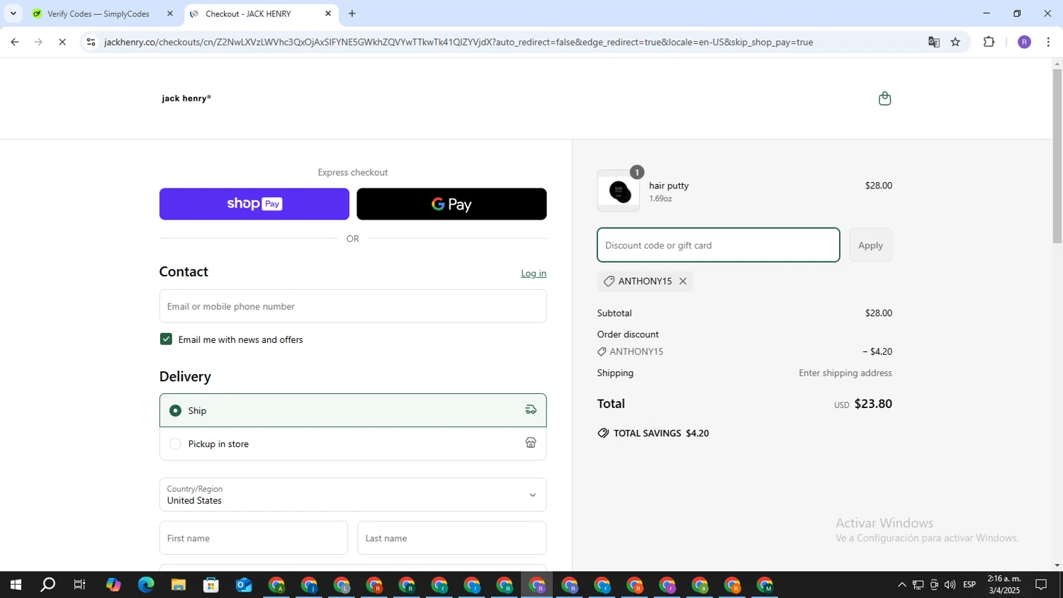 Jack Henry discount code screenshot showing code anthony15 applied at Jack Henry checkout page. Uploaded by SimplyCodes community member CouponBoss4754 on Apr 3, 2025