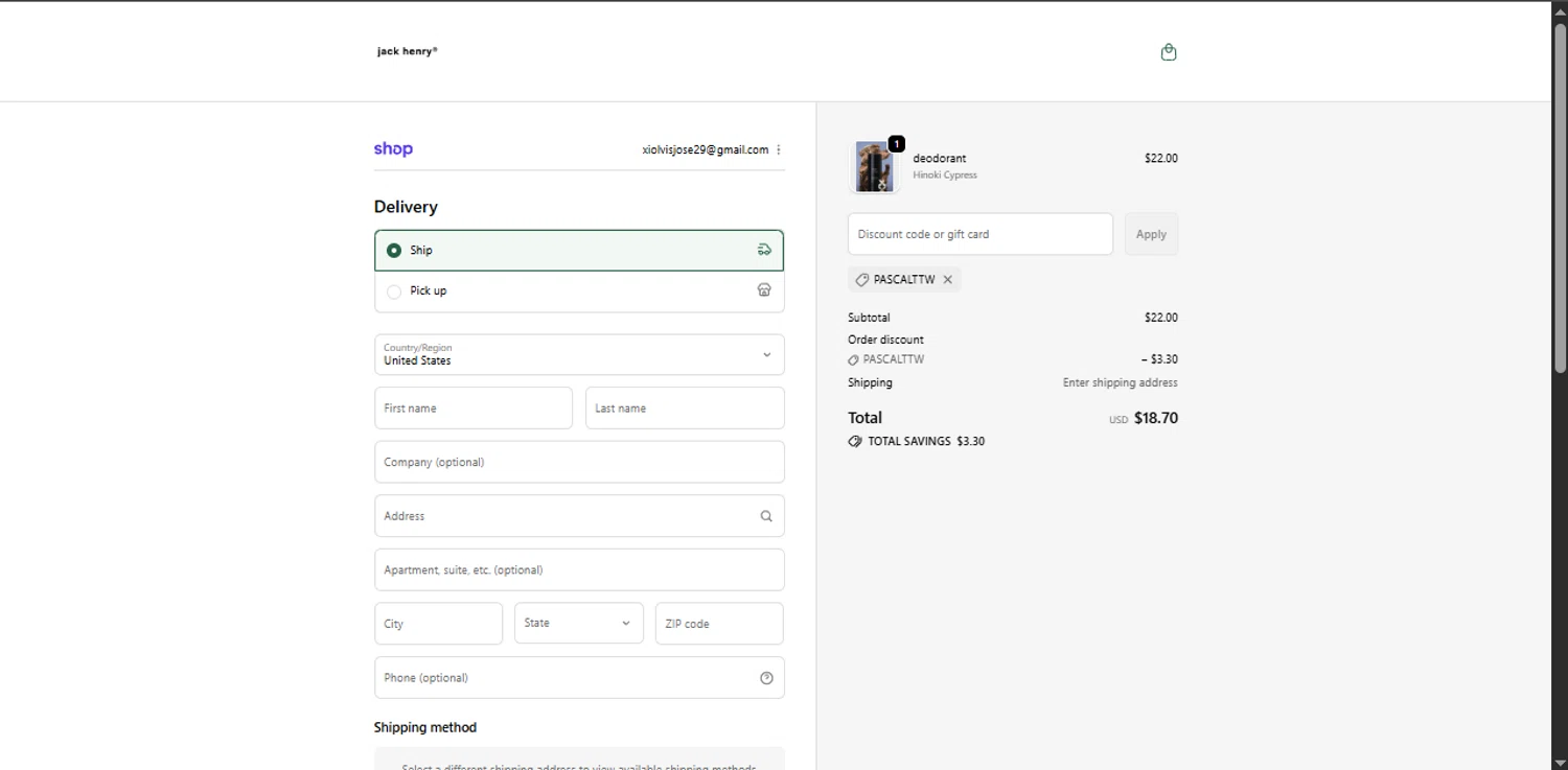 Jack Henry discount code screenshot showing code PASCALTTW applied at Jack Henry checkout page. Uploaded by SimplyCodes community member Xiooh29 on Oct 5, 2025