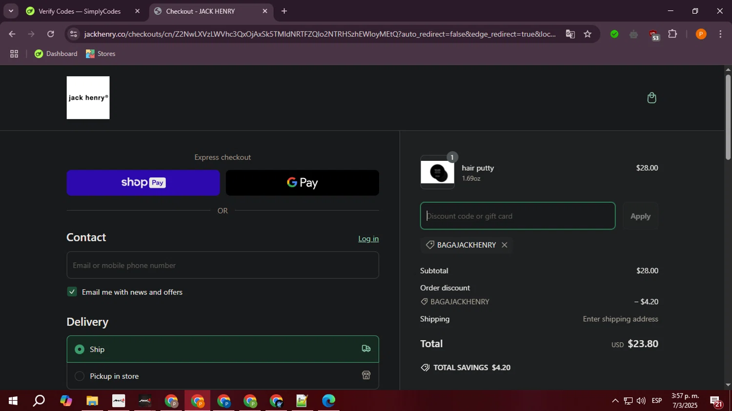 Jack Henry discount code screenshot showing code BagaJackHenry applied at Jack Henry checkout page. Uploaded by SimplyCodes community member ValiantLegend7294 on Mar 7, 2025