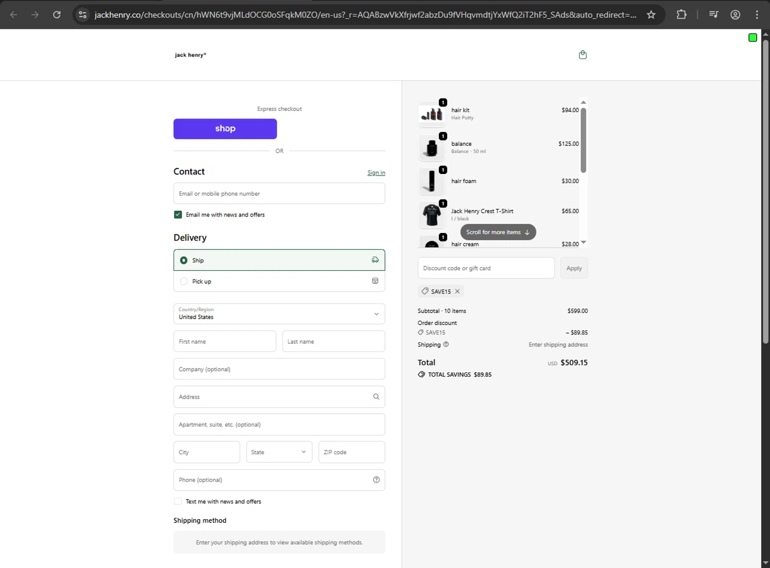 Jack Henry discount code screenshot showing code SAVE15 applied at Jack Henry checkout page. Uploaded by SimplyCodes community member zzzzzzza on Dec 26, 2025