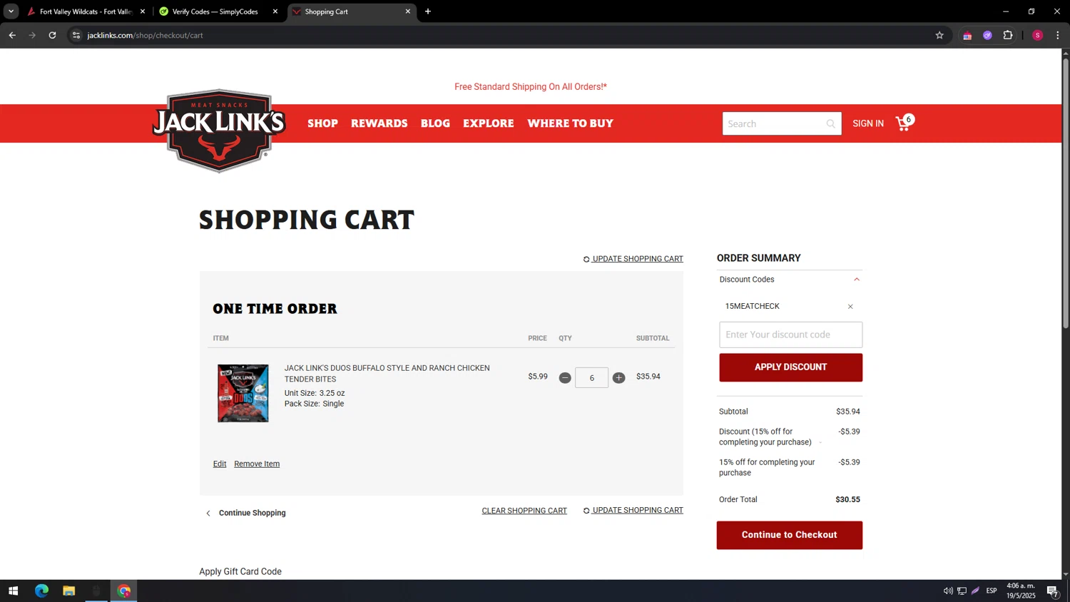 Jack Links discount code screenshot showing code 15MEATCHECK applied at Jack Links checkout page. Uploaded by SimplyCodes community member usenameeeee on May 19, 2025