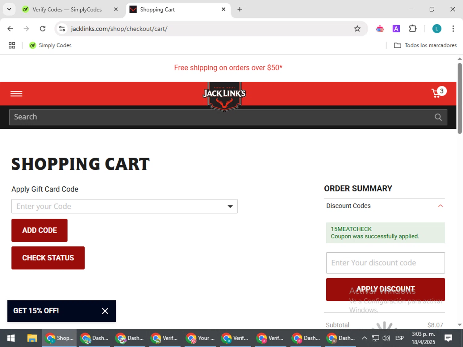 Jack Links discount code screenshot showing code 15MEATCHECK applied at Jack Links checkout page. Uploaded by SimplyCodes community member LuckyLegend792 on Apr 18, 2025